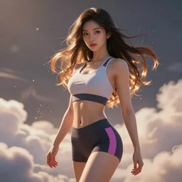 a beautiful female goddess of workout character, character is in all its glory, character is in her natural relaxed pose, rim lights, particles and dust in the air, fancy clouds, highly detailed professional photo, dynamic lights, particles are flying, depth of field, trending on artstation, illustration, hyper realistic, vray caustics, super detailed, colorful accents, cinematic shot