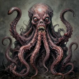 macaulay culkin's horror version. an unnatural abomination, an unsightly mass of hooves, tentacles, eyes, and teeth. grunge, horror, dmt, dark and muted colors, detailed airbrush art, by yves klein