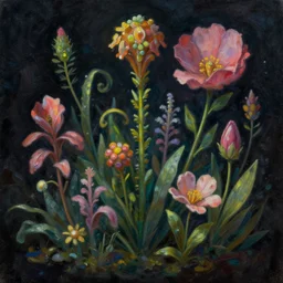 beautiful _ digital _ oil _ painting _ of _ whimsical _ botanical _ illustration _ beautiful _ flowers _ enchanted _ dark _ background _ dark _ contrast _ by _ android _ jones _ synthwave