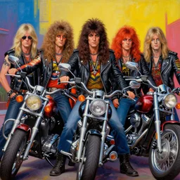 apocalyptic orcish biker gang characters posing with motorcycles for a professional group photo, psychedelic vibrant colors, punk rock fashion, oil painting by michael whelan art, perfect faces, sharp focus, detailed eyes, realistic, long hair, leather jackets, 8 0 s hairstyles, 8 k