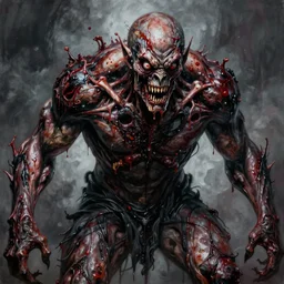 Haunting horrifying hyperrealistic detailed painting of a huge muscular hulking flesh demon covered in thick black blood and bone showing through holes in the flesh, disgusting, creepy, unsettling, and bloodshot eyeballs, hyper detailed, trending on Artstation