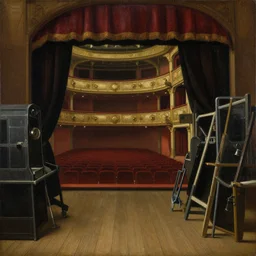 painting of a theater backstage scene, the auditorium is visible behind the curtain, theatre equipment, backside of scenography elements, wooden floor boards, gloomy lighting, oil painting, northern renaissance art, oil on canvas, wet - on - wet technique, realistic, intricate textures, illusionistic detail