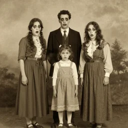 old sepia photo of scary family posing,