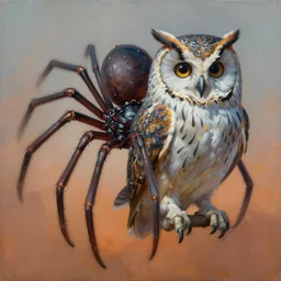 painting of hybrid between spider & owl, intercrossed animal, mixture animal, by zdzislaw beksinski, by tiffany bozic, by chris buzelli, cold hue's, warm tone gradient background, concept art, beautiful composition, digital painting
