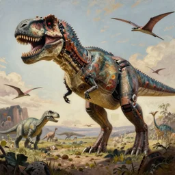 landscape, realistic portrait beautiful painting from scene in terminator robot merged in t - rex, merged in stegosaurs, merged in pteronodon, jurassic park movie scene, hyperdetailed retrofuturism created by thomas kinkade and gustave courbet, fine draw, high detailed, fine lighting, smooth draw, no anomaly.