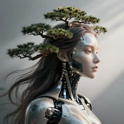 A female cyborg head facing towards the right with flowing hair that looks like a bonsai tree