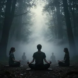 human meditation, in mist, beautiful dramatic moody lighting, cinematic atmosphere, by Alex Grey, Zdzislaw Beksiński, Dan Mumford, 8K