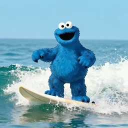 cookie monster is riding a surfboard