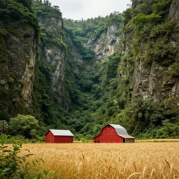 Intricate detailed lush ravine with a single isolated red barn next to a wheat crop at noon. Wide angle shot, surreal, dreamlike, Artstation, Thomas Chamberlain-Keen