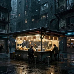 dark rainy cyberpunk city life, street with open food places, by de chirico
