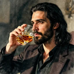 portrait, a handsome small Frenchman with beard and long black hair toasting with whiskey, watercolor, dramatic lighting, cinematic, establishing shot, extremely high detail, foto realistic, cinematic lighting, digital art, by Yoshitaka Amano, Ruan Jia, Kentaro Miura, Artgerm, post processed, concept art, artstation, matte painting, style by eddie mendoza, raphael lacoste, alex ross