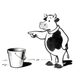 a cow points at a bucket, illustrated by gary larson, far side comic, b & w