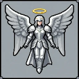 an angel, super nintendo game sprite, symetric, pixelate, barroque grey armor, seraphin like