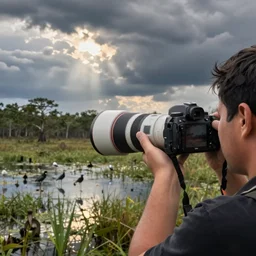photo of a photographer with a dslr and a white telephoto lens taking pictures of birds on a swamp, closeup, flat landscape, trees in the background, dramatic clouds