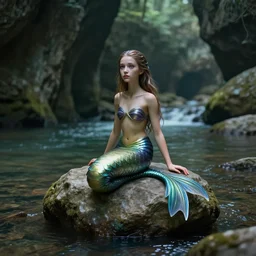 mermaid sitting on a rock in an underground river. fantasy magic style. highly detailed 8 k. intricate. lifelike. soft light. sony a 7 r iv 5 5 mm. cinematic post - processing