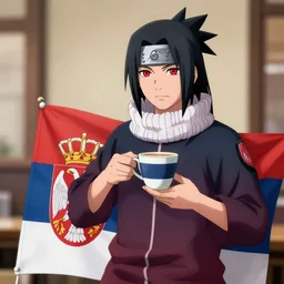 Itachi Uchiha holding Serbian flag whilst sipping coffee
