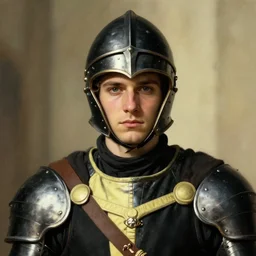 Medium closeup young idealistic and pious male Imperial soldier wearing a black tabard with light yellow accents over a gambeson and a barbut helm, by Raymond Swanland Greg Rutkowski Lise Deharm, {perfect face}, {perfect eyes}