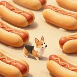a corgi dog exploring a world full of giant hotdogs, dramatic, digital painting