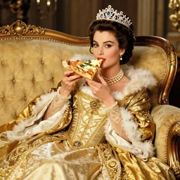a photo of young sophia loren, dressed as a queen, relaxing on antique luxury sofa, wearing tiara, pearl necklace, royal gown, eating pizza!!!! margherita, beautiful, stunning, golden lighting, exquisit details, masterpiece, burlesque photo by letizia battaglia
