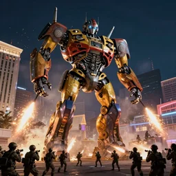 cinematographic shot of a giant robot destroying las vegas while army firing at it, night, hyperdetailed, artstation, cgsociety, 8 k