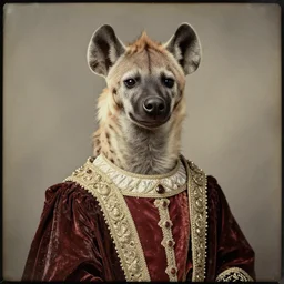 professional studio photo portrait of anthro anthropomorphic spotted hyena head animal person fursona wearing elaborate pompous royal robes clothes by Louis Daguerre daguerreotype tintype