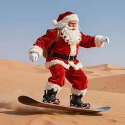 beautiful lifelike studio painting of santa riding a snowboard in the sahara desert. beautiful perfectly shaded cinematic lighting, trending on artstation, greg rutkowski, hyper detailed, 4 k, high quality, smooth, sharp focus