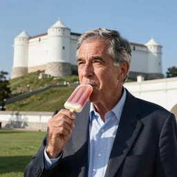 George W. Bush eating a popsickle, a historic old white fortress in the background