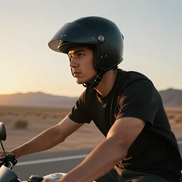 close - up photo of young man riding a motorcycle on a desert road, wearing a black modular helmet, mountains in background, sunset, golden hour, cinematic, octane, 4 k, 8 k, art gallery masterpiece by louis klemantaski and james moy