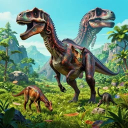 tr - ex in a lush jurassic landscape, 4 k, hyper realistic, coherent design, symmetrical, vivid colour, trending on art station, in the style of pi - slices, complementary colour, golden ratio, detailed, sharp lines, intricate, rainbow shift, in unreal 3 d engine, ray tracing, octane render