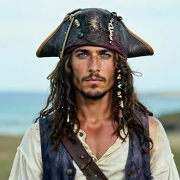 an award winning outdoors portrait photo of a blue eyed tanned greek smug 1 7 0 0 s dirty caribbean italian olive tanned young pirate woman with black smooth hair, slightly big nose defined jaw, very beautiful, smug face, blue eyes, wearing a vest and short coat, sunset, movie color graded
