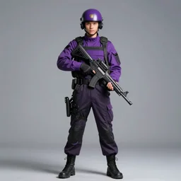 « vanu soldier, full helmet, purple and black clothes, tall young male, dominant, heavy gun, realistic, realistic, 8 k quality »