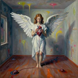an empty room in the style of constructivism, an angel is standing in the center of the room holding a heart with wires hanging down to the floor, blurred, grotesque, doomed, neural acrylic paint, high resolution, gouache on canvas, ultra detailed, vibrant colors, grotesque, wrapped thermal background, slimey, art by francis bacon, beksinski painting