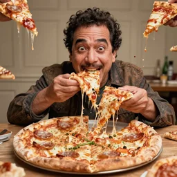 derpy looking danny trejo eating greasy pizza, pizza is everywhere, weird, strange, bizarre, surreal, epic composition, 2 0 0 mm focal length, donato giancola, tim hildebrandt, wayne barlow, bruce pennington, larry elmore
