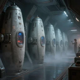 epic professional digital art of interior scene of dim spaceship room of upright fogged stasis pods lining wall, by virgil finlay, brenda rodriguez, cinematic, detailed, intricate, grand, artstation, cgsociety, epic, stunning, gorgeous, wow wow detail
