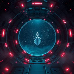 just only one lonely symmetry cyberpunk round portal to the deep space star waves!! bad omens, in the style of bonestell, chesley, casson, and a. j, fog, ultra wide view. the ceiling is hung with chaotic cables, a grace goddess floating in the center. cinematic. 8 k, octane render. ultra clear detailed.