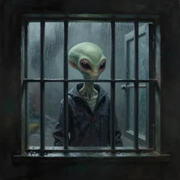 a cinematic painting of an alien inside of jail cell looking out of a small rainy window, beautiful lighting, high depth, ultra realistic, artistic, by annie leibovitz and gregory crewdson