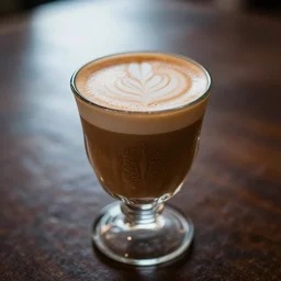 photograph of chai latte in ornate glass cup, cinematic lighting high bokeh, angelic detail