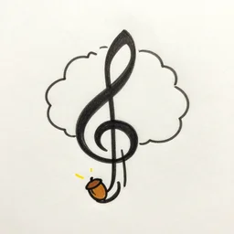 minimal single line drawing of an acorn growing into a tree in shape of treble clef, splash of color, isometric, continuos line