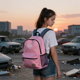 teenage beauty girl mini hort with backpack looking at food at garbage dump, destroyed cars, city is pure wasteland, moody sunset background, rays of sunlights, ( ( ( rainbow ) ) ), high details, sharp, photorealism, cinematic, greg rutkowski, alphonse mucha, trending on artstation, artgerm, unreal engine, highly detailed