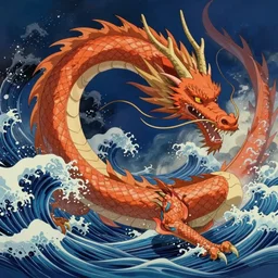 abstract dragon, sea waves, orange, blue, unreal engine, miyazaki style
