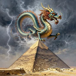 grand chinese dragon emerging from the thunderstorms above, landing on top of cyberpunk egyptian pyramid by peter andrew jones and conrad roset, claude monet,, rule of thirds, sigma look, beautiful, intricate, award winning