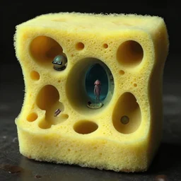 nostalgic hyper liminal photo, sponge with many tunnels inside each hole, tunnels lead to different worlds, surreal, ominous creature hiding detailed, high definition, mysterious, low quality photo, surrealist depiction of a normal sponge, trending, m. c. esher