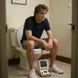 reggie fils aime sitting on a toilet that looks like sega dreamcast console, movie still, 8 k, hd