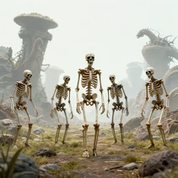 hyper realistic highly detailed nature photography of skeleton zombies, prehistoric planet, volumetric lighting, octane render, 4 k resolution, golden hour