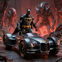 the the batman who laughs and his psycho batmobile, designed by yasushi nirasawa moebius hr giger and alex ross, full figure action shot, alien mutant world hell background, hdr, 8 k, octane render, volumetric lighting
