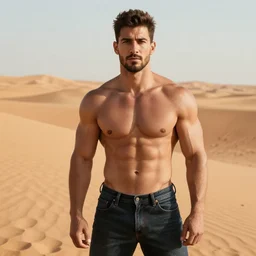 a muscular man in a desert looking at the camera