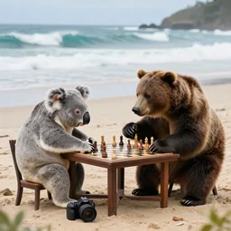 A koala bear and grizzly bear playing chess. They are sitting at a table on the beach. You can see the waves crashing into the shores. Bears are very stressed. DSLR camera photo.