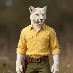 beautiful portrait commission of a male Furry Anthro albino mountain lion Fursona wearing a yellow button-down shirt, olive green slacks in a old-timey western town. Atmospheric. Renowned character illustration by greg rutkowski, thomas kindkade, alphonse mucha, loish, norman rockwell. detailed, inked, western comic book art