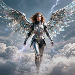 beautiful Kryptonian girl with full armor, full body shot, clouds, hyper realistic, hyper detailed, octane render, cloudpunk, johannes voss, dynamic lightning, sharp focus, flight, huge wings, wings made of glass, volumetric, realistic, 3d render, Realistic Render, Cinematic lighting, Volumetric lighting, atmospheric, cinematic, unreal engine, unreal engine render, octane render, HD, photorealism, hyper realistic, photo, 8K, trending on artstation, concept art