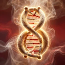 8 k uhd houdini recursive dna structure, background radiant swirling smoke wisps, gold red cream palette, volumetric lighting, 1 8 mm lens